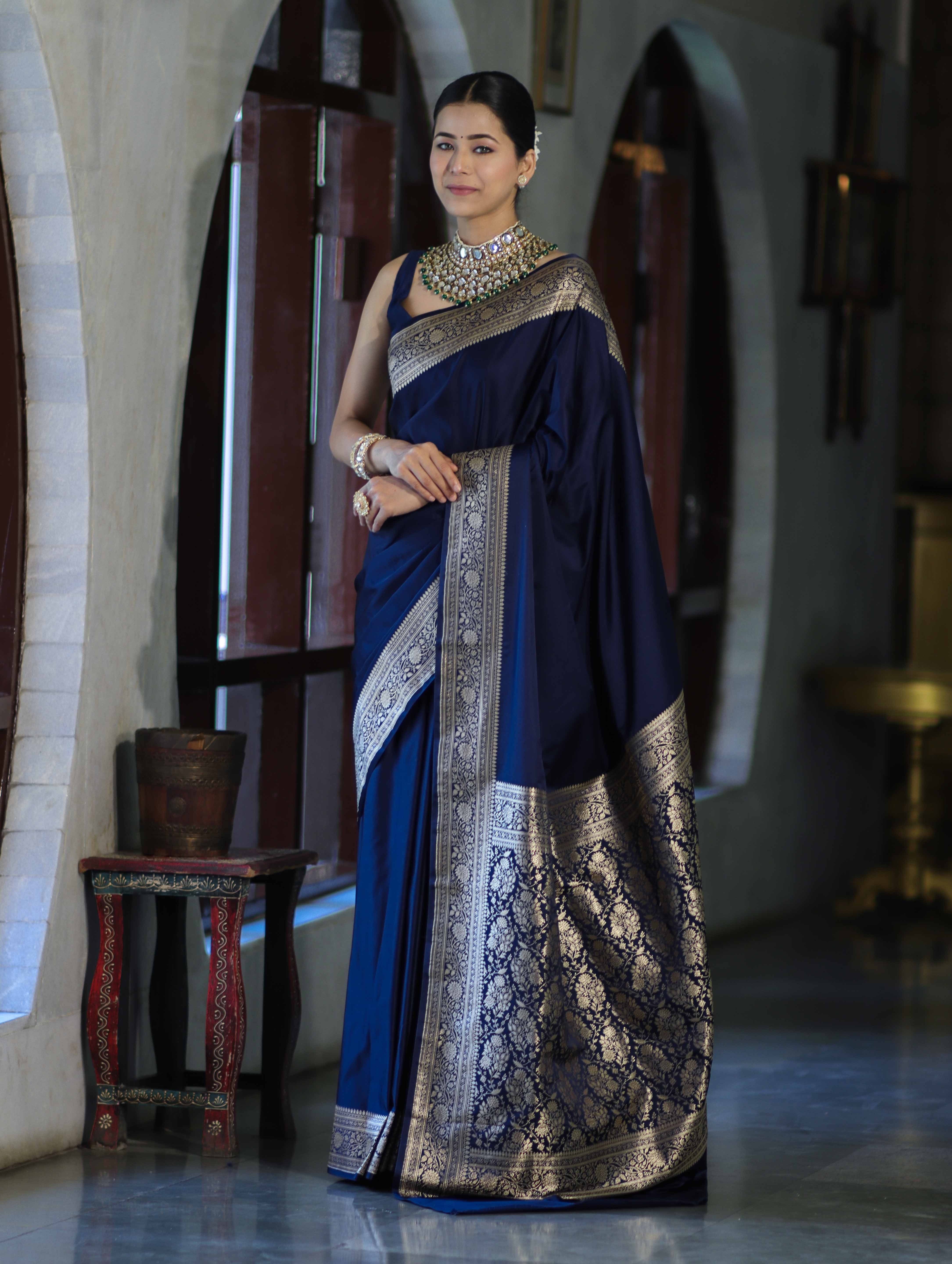 Banarasee Handwoven Plain Semi Katan Saree With Gold Zari Border-Blue