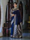 Banarasee Handwoven Plain Semi Katan Saree With Gold Zari Border-Blue