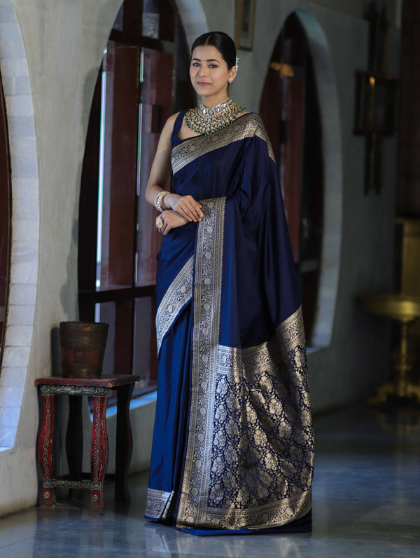Banarasee Handwoven Plain Semi Katan Saree With Gold Zari Border-Blue