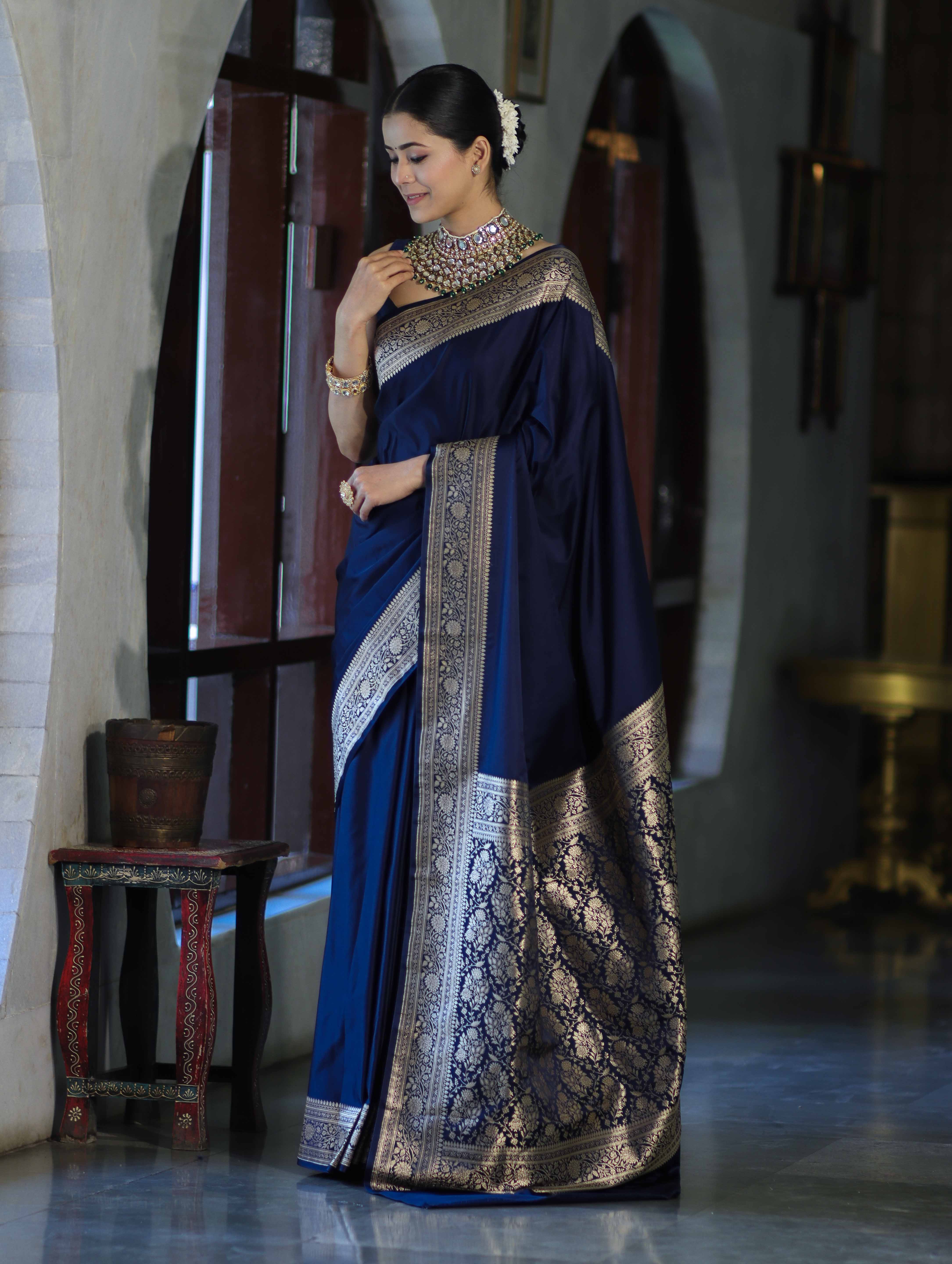 Banarasee Handwoven Plain Semi Katan Saree With Gold Zari Border-Blue