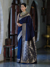 Banarasee Handwoven Plain Semi Katan Saree With Gold Zari Border-Blue