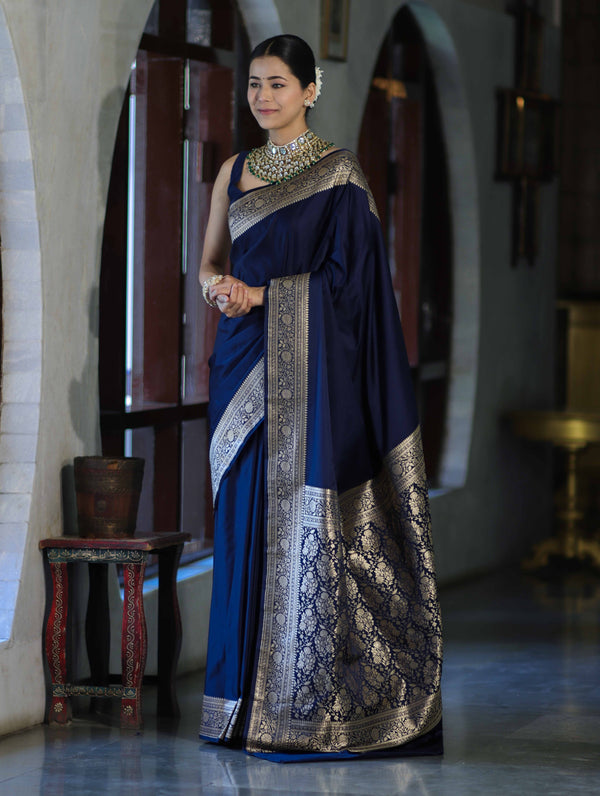 Banarasee Handwoven Plain Semi Katan Saree With Gold Zari Border-Blue