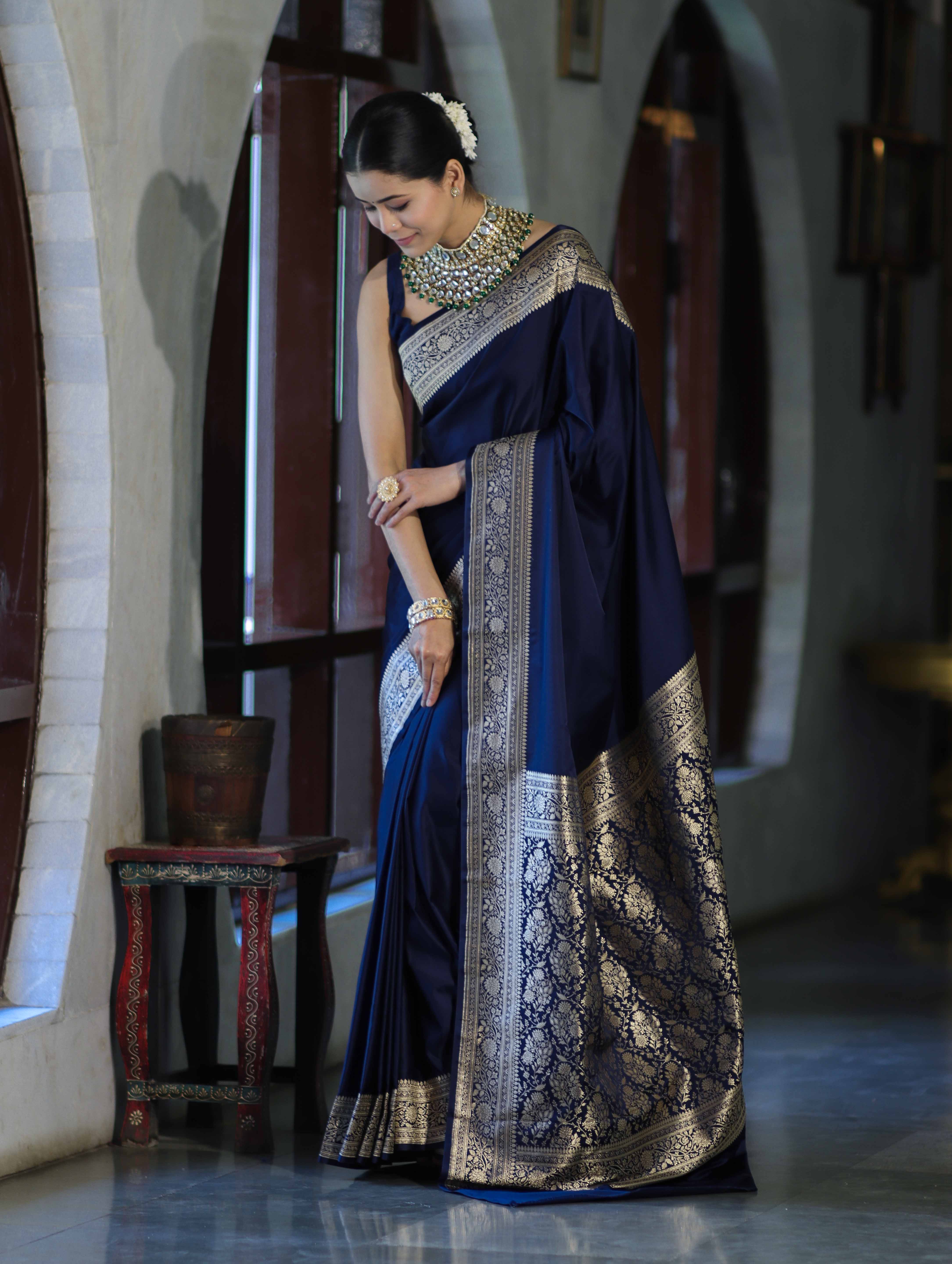 Banarasee Handwoven Plain Semi Katan Saree With Gold Zari Border-Blue