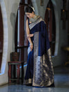 Banarasee Handwoven Plain Semi Katan Saree With Gold Zari Border-Blue