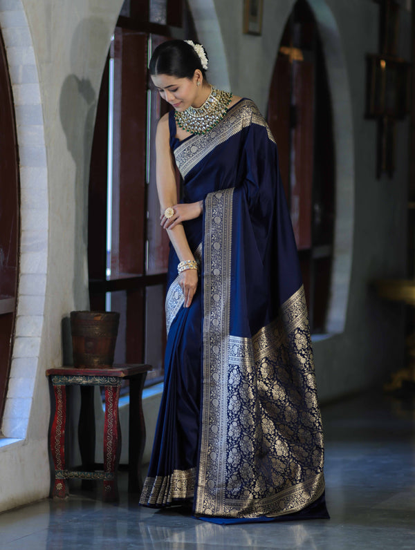 Banarasee Handwoven Plain Semi Katan Saree With Gold Zari Border-Blue