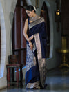 Banarasee Handwoven Plain Semi Katan Saree With Gold Zari Border-Blue