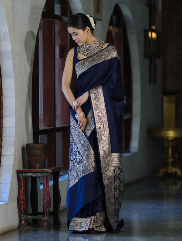 Banarasee Handwoven Plain Semi Katan Saree With Gold Zari Border-Blue