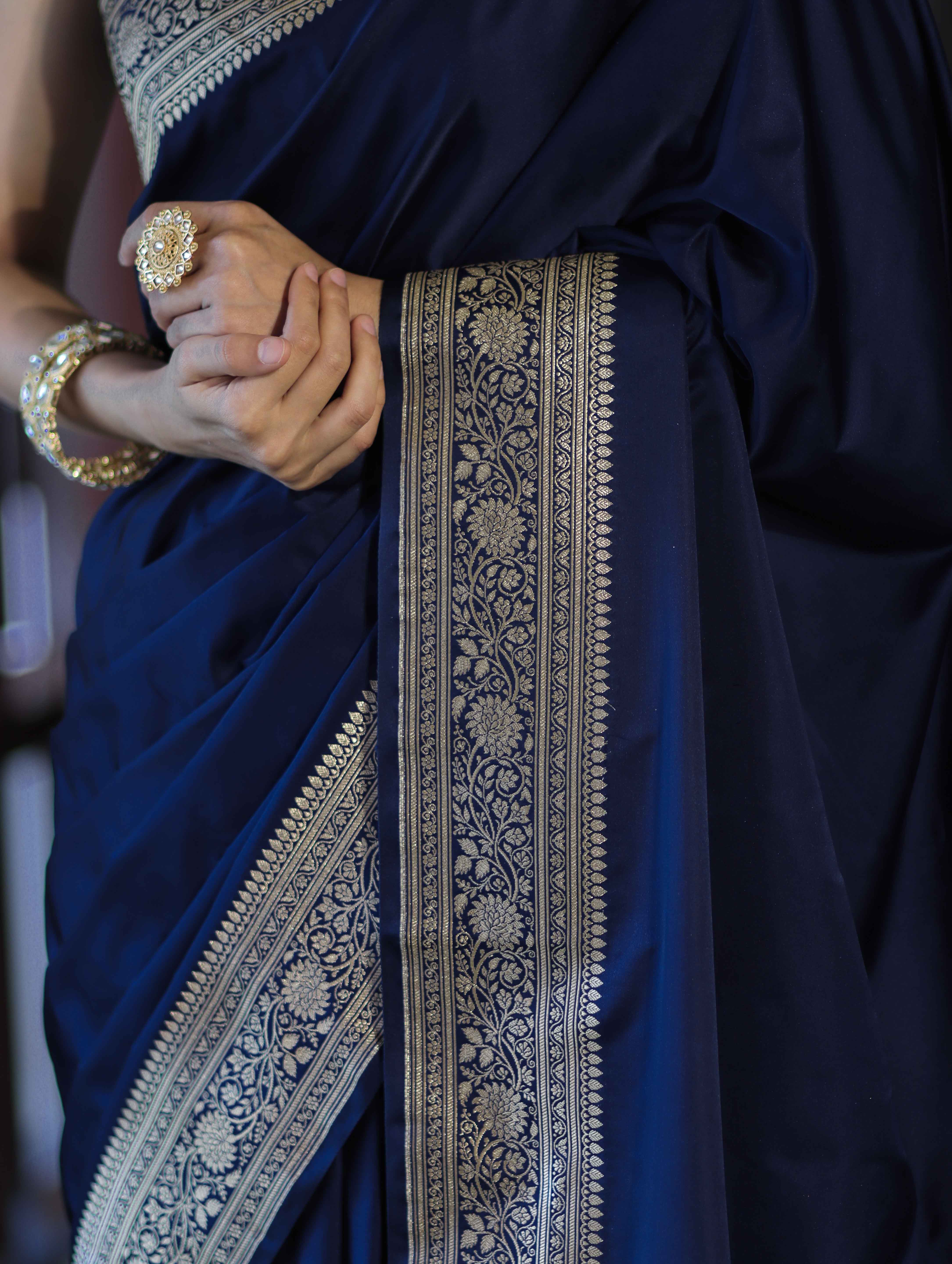Banarasee Handwoven Plain Semi Katan Saree With Gold Zari Border-Blue