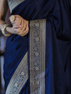 Banarasee Handwoven Plain Semi Katan Saree With Gold Zari Border-Blue