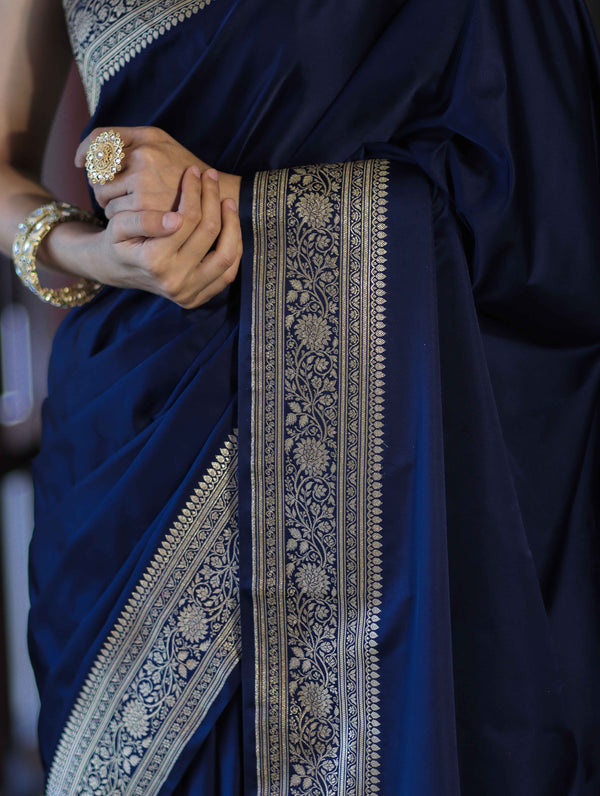 Banarasee Handwoven Plain Semi Katan Saree With Gold Zari Border-Blue