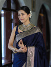 Banarasee Handwoven Plain Semi Katan Saree With Gold Zari Border-Blue
