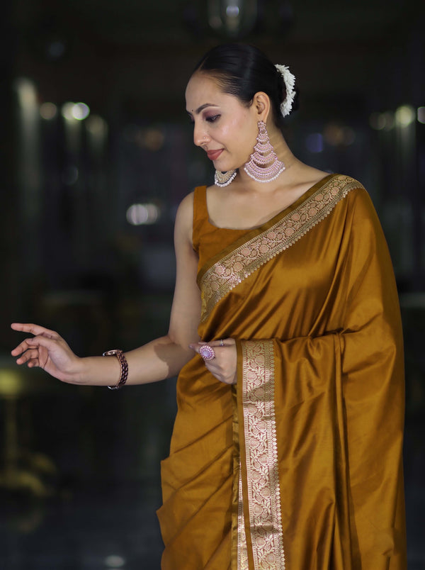 Banarasee Handloom Semi Silk Plain Saree With Floral Zari Border-Mustard Yellow