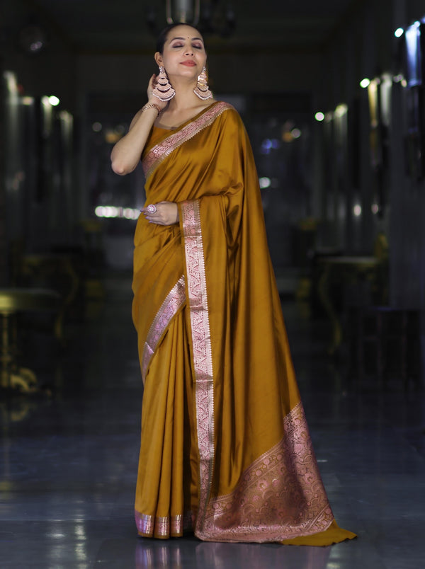Banarasee Handloom Semi Silk Plain Saree With Floral Zari Border-Mustard Yellow