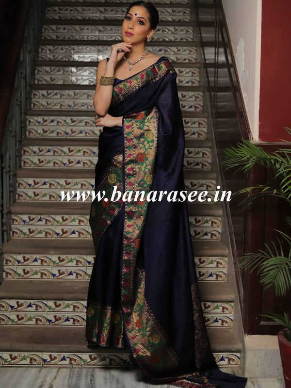 Banarasee Handwoven Semi Silk Plain Saree With Broad Zari & Meena Border-Navy Blue