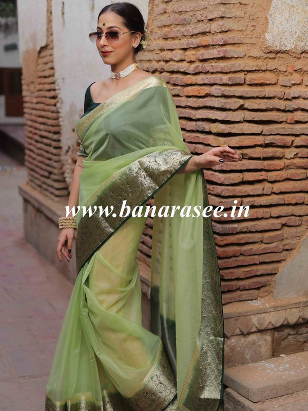 Banarasee Organza Mix Saree With Contrast Zari Border Design-Green