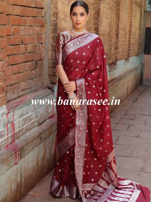 Banarasee Handwoven Semi-Chiffon Saree With Silver Zari Design-Maroon