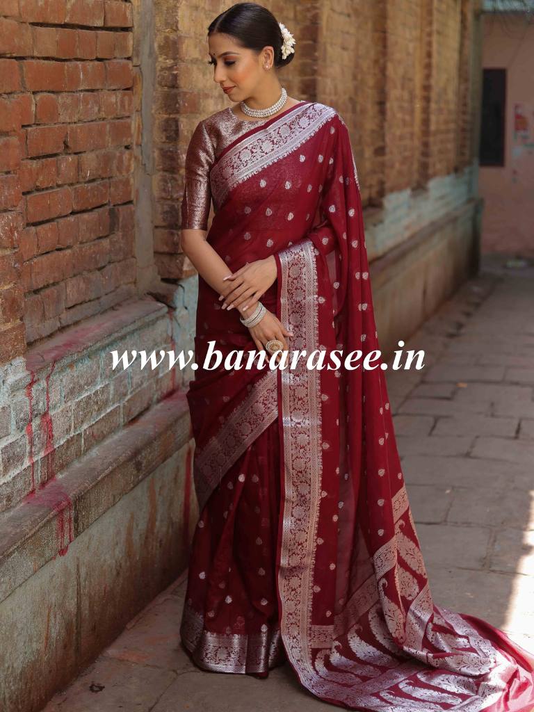 Banarasee Handwoven Semi-Chiffon Saree With Silver Zari Design-Maroon