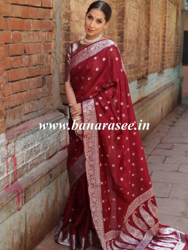 Banarasee Handwoven Semi-Chiffon Saree With Silver Zari Design-Maroon