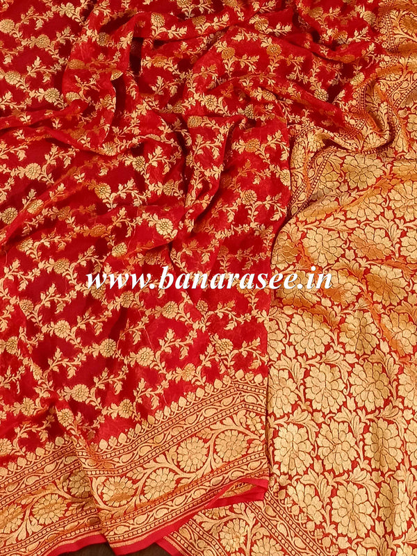 Banarasee Pure Khaddi Chiffon Silk Sari With Jaal Design & Contrast Border-Vermillion Red