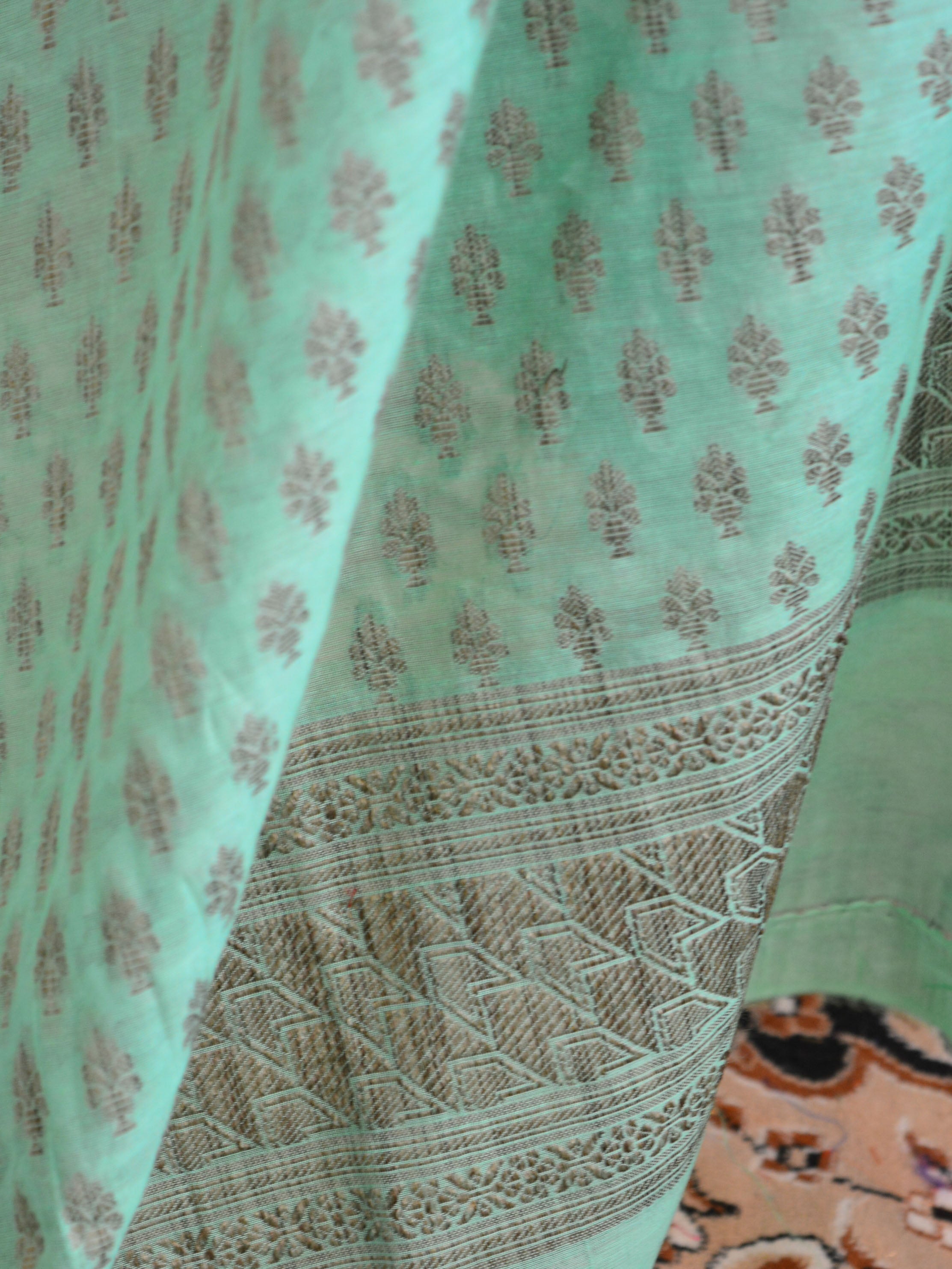 Banarasee Salwar Kameez Soft Cotton Resham Buti Fabric With Sea Green Dupatta-White