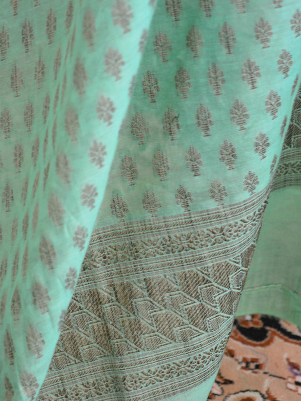 Banarasee Salwar Kameez Soft Cotton Resham Buti Fabric With Sea Green Dupatta-White