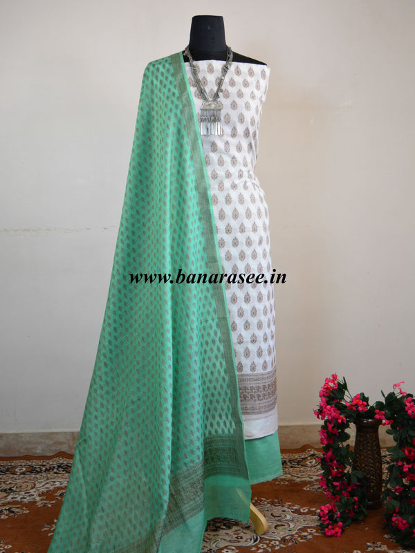 Banarasee Salwar Kameez Soft Cotton Resham Buti Fabric With Sea Green Dupatta-White