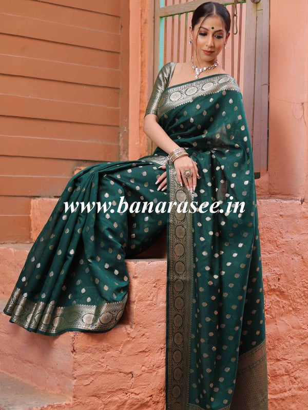 Banarasee Handwoven Pure Silk Cotton Saree With Zari Buti & Border-Deep Green