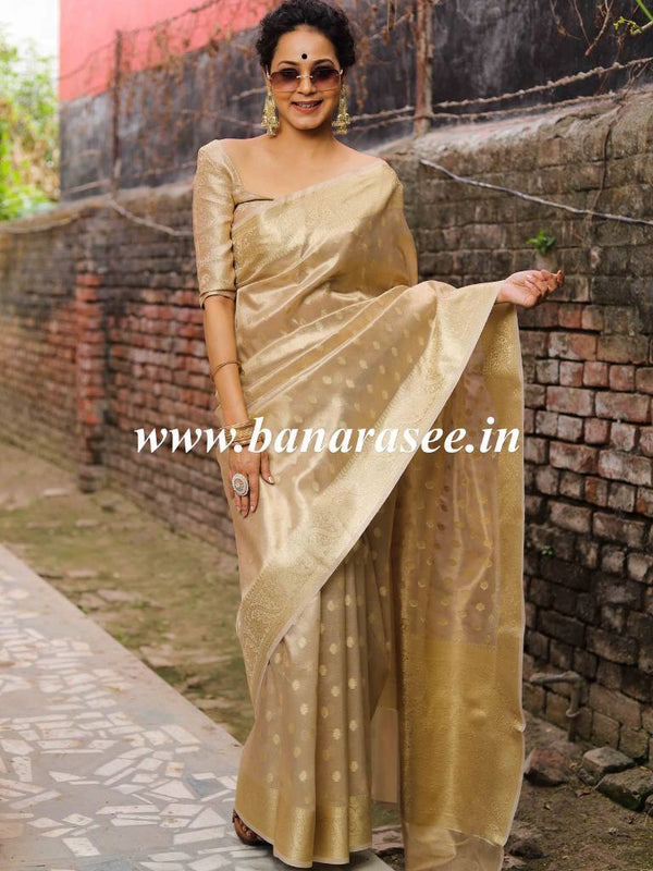 Banarasee Handwoven Tissue Saree with Zari Buti Work -Gold