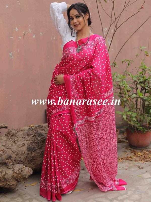 Handloom Mul Cotton Hand-block Print Saree-Pink