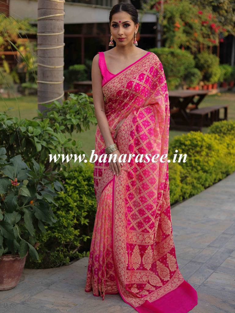 Banarasee Bandhini Work Pure Khaddi Chiffon Silk Sari With Buta Design-Pink