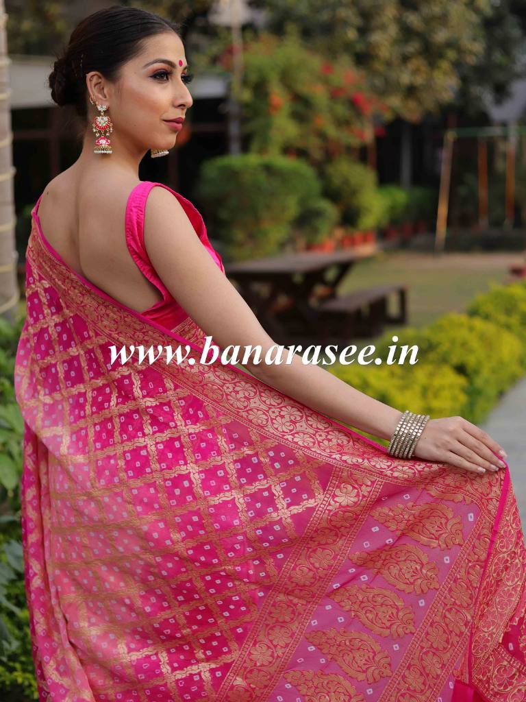 Banarasee Bandhini Work Pure Khaddi Chiffon Silk Sari With Buta Design-Pink