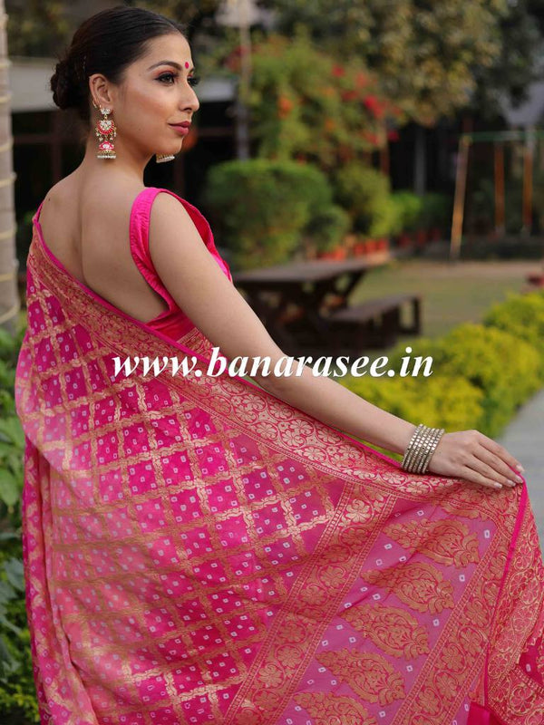 Banarasee Bandhini Work Pure Khaddi Chiffon Silk Sari With Buta Design-Pink