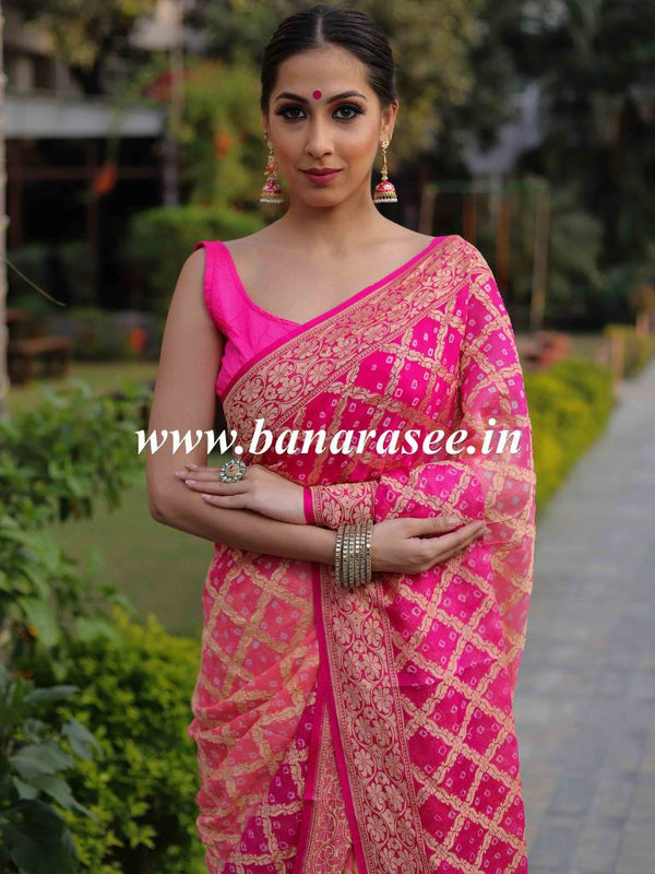 Banarasee Bandhini Work Pure Khaddi Chiffon Silk Sari With Buta Design-Pink
