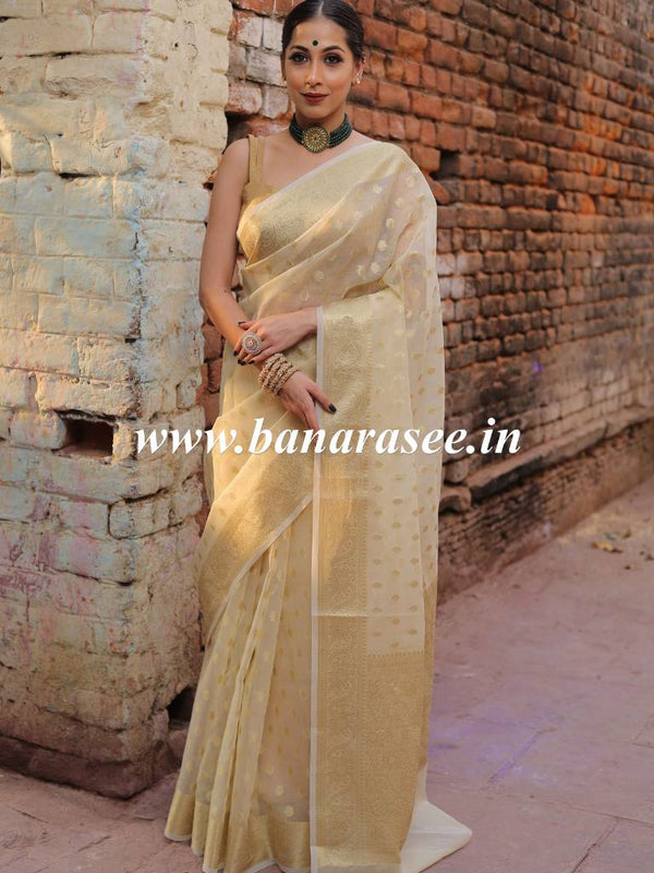 Banarasee Organza Mix Saree With Zari Buti & Floral Border-Beige