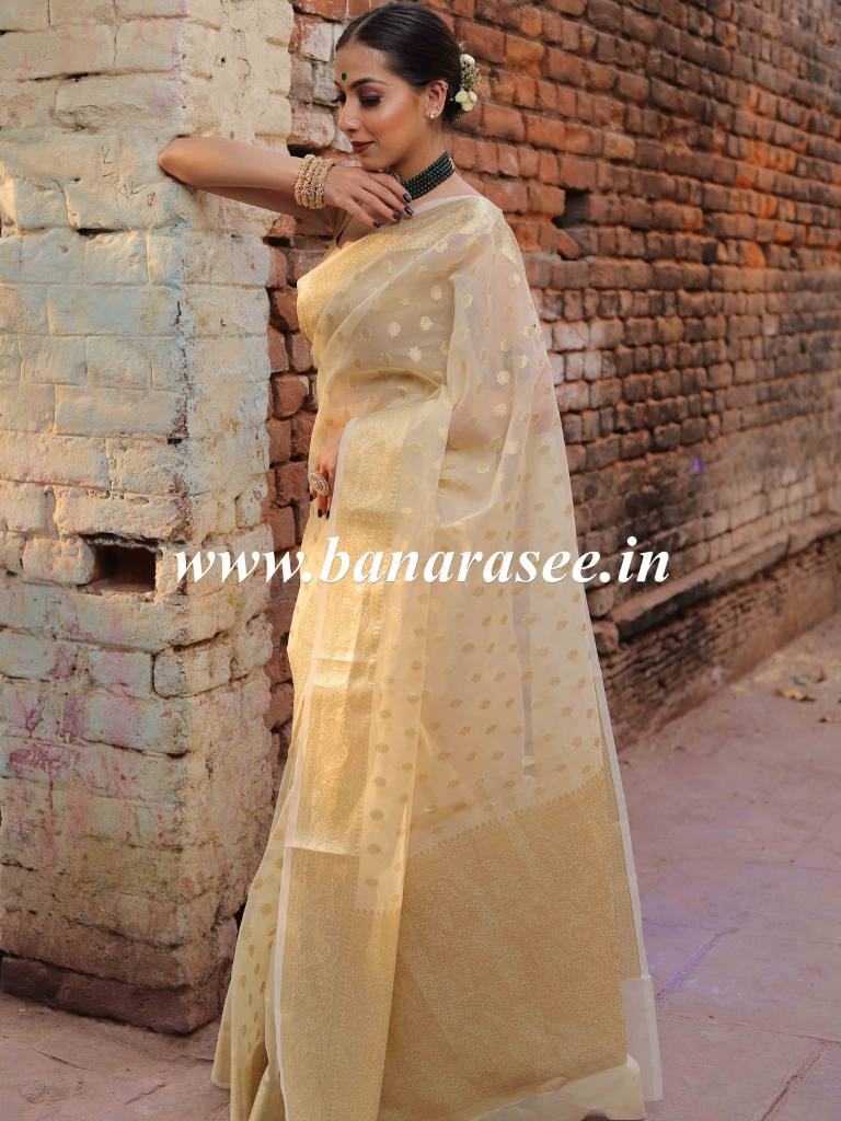 Banarasee Organza Mix Saree With Zari Buti & Floral Border-Beige