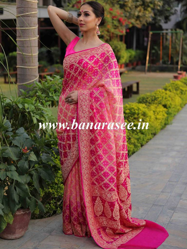 Banarasee Bandhini Work Pure Khaddi Chiffon Silk Sari With Buta Design-Pink