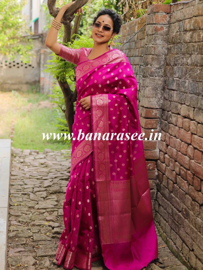 Banarasee Handwoven Pure Silk Cotton Saree With Zari Buti & Border-Pink