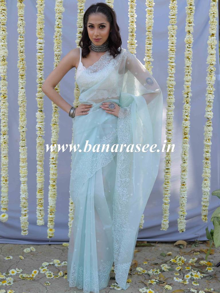 Banarasee Handwoven Organza Silk Floral Embroidered Saree-Pastel Green