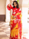 Bhagalpur Handloom Pure Linen Cotton Hand-Dyed Shibori Pattern Saree-Red & Yellow