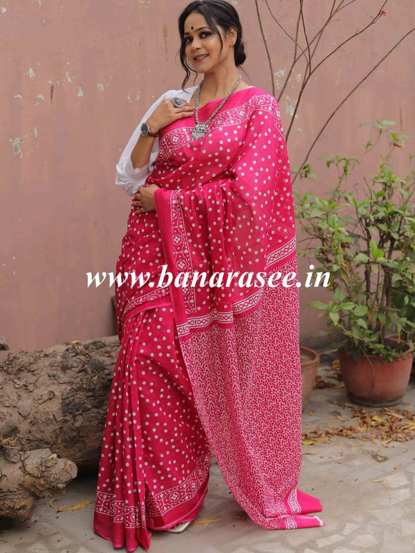 Handloom Mul Cotton Hand-block Print Saree-Pink