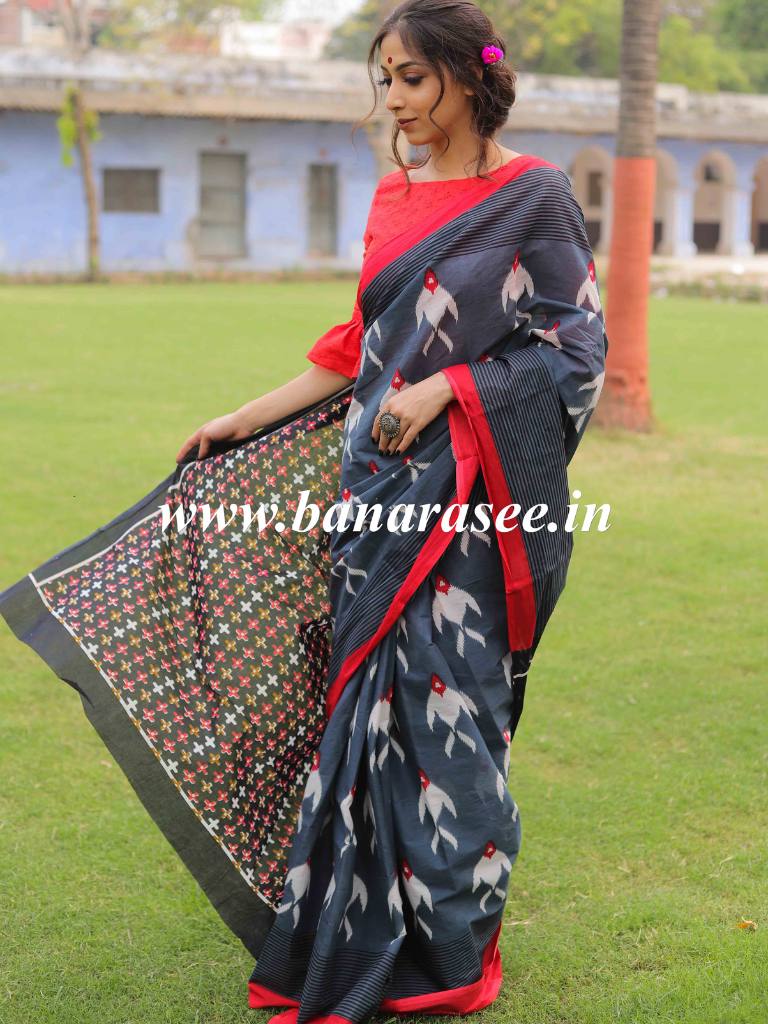 Handloom Mul Cotton Hand-block Print Saree-Grey