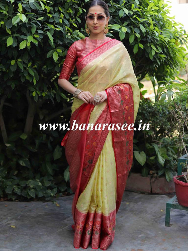 Banarasee Handwoven Contrast Border Soft Tissue Saree-Yellow & Red