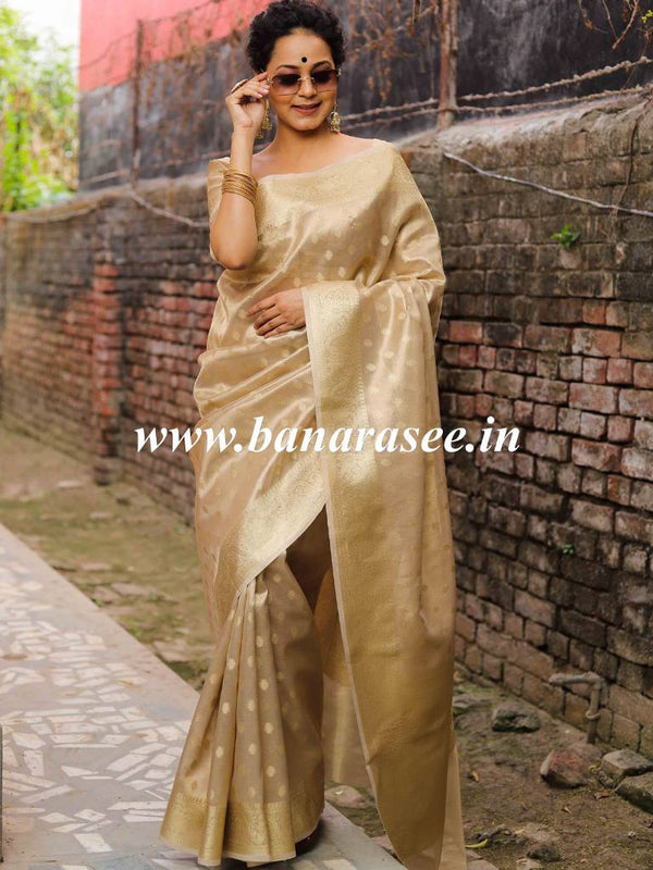 Banarasee Handwoven Tissue Saree with Zari Buti Work -Gold