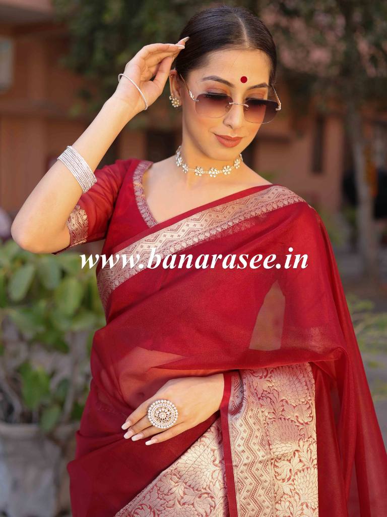 Banarasee Organza Mix Saree With Zari Border-Maroon