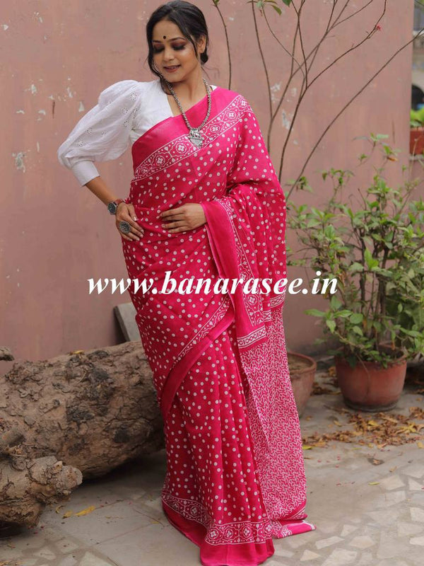 Handloom Mul Cotton Hand-block Print Saree-Pink