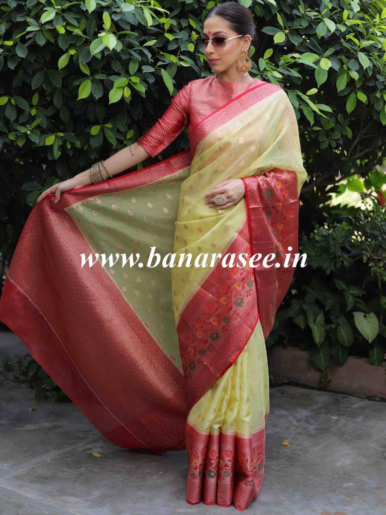 Banarasee Handwoven Contrast Border Soft Tissue Saree-Yellow & Red
