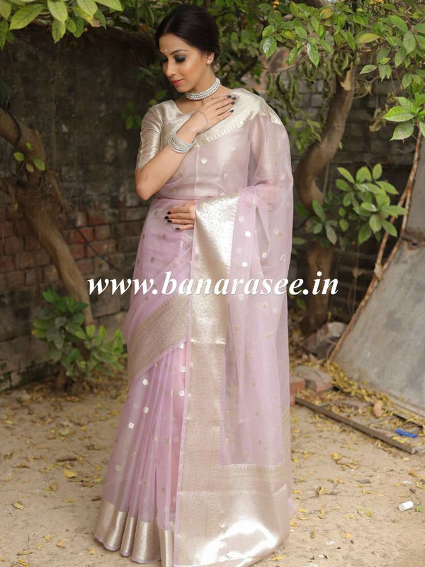 Banarasee Organza Mix Saree With Silver Zari Buta & Border-Lilac