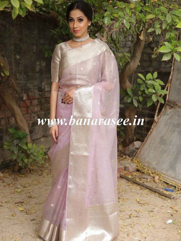 Banarasee Organza Mix Saree With Silver Zari Buta & Border-Lilac