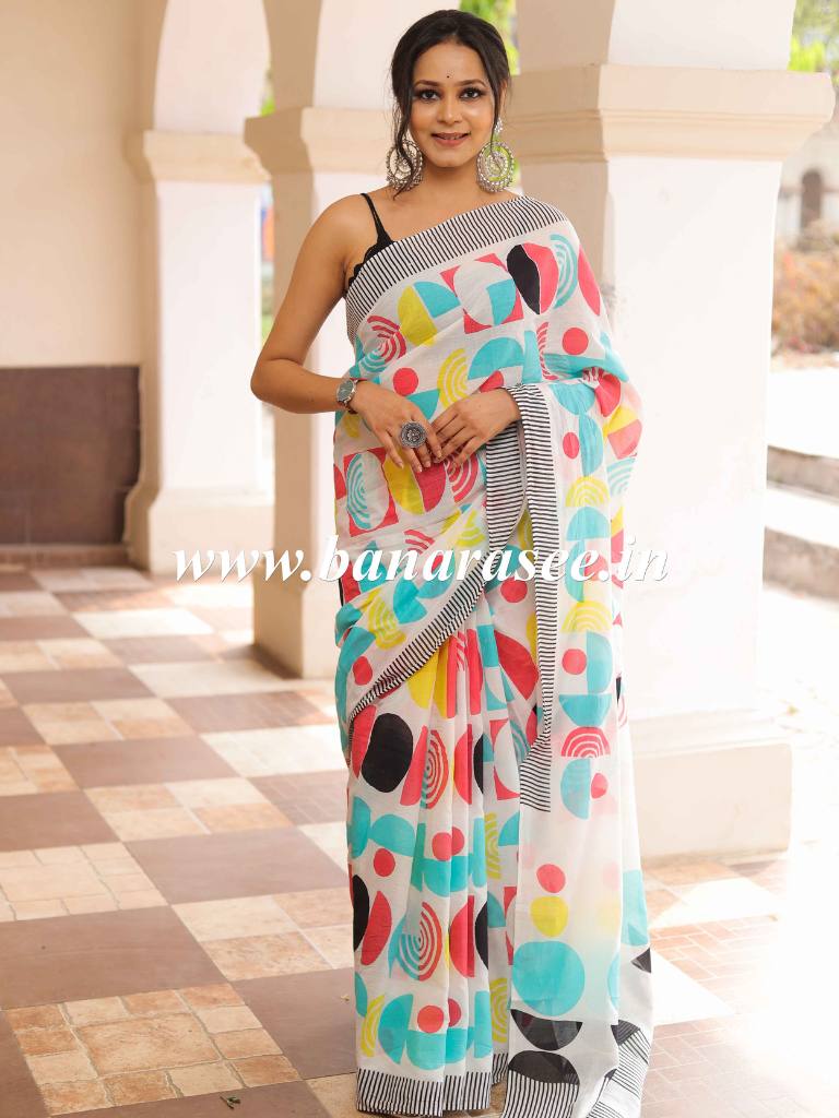 Handloom Mul Cotton Hand-block Print Saree-White