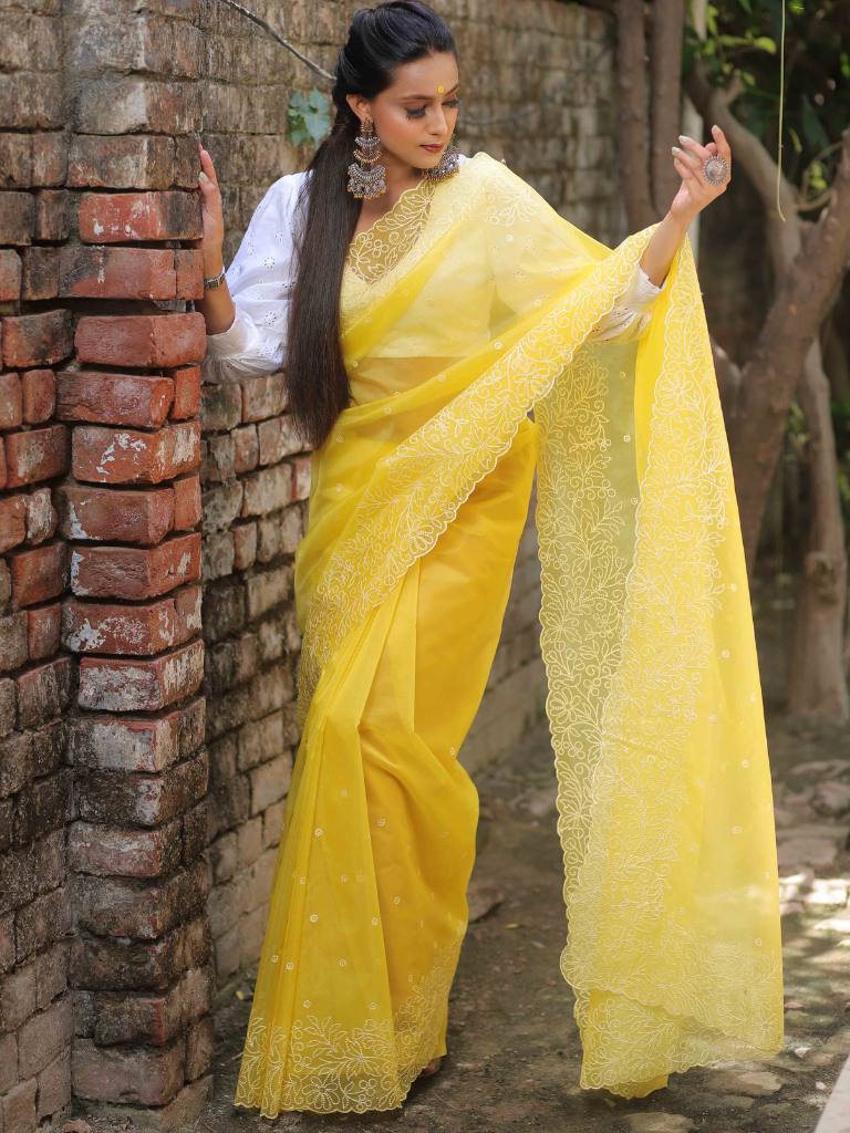 Banarasee Handwoven Organza Silk Floral Embroidered Saree-Yellow